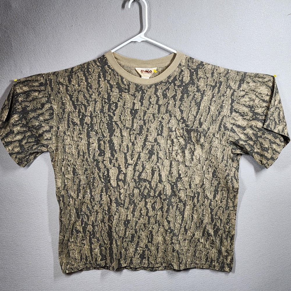 Vintage Camco‎ Shirt Mens 2XL Tree Bark Camo Pocket Hunting Made USA 80s